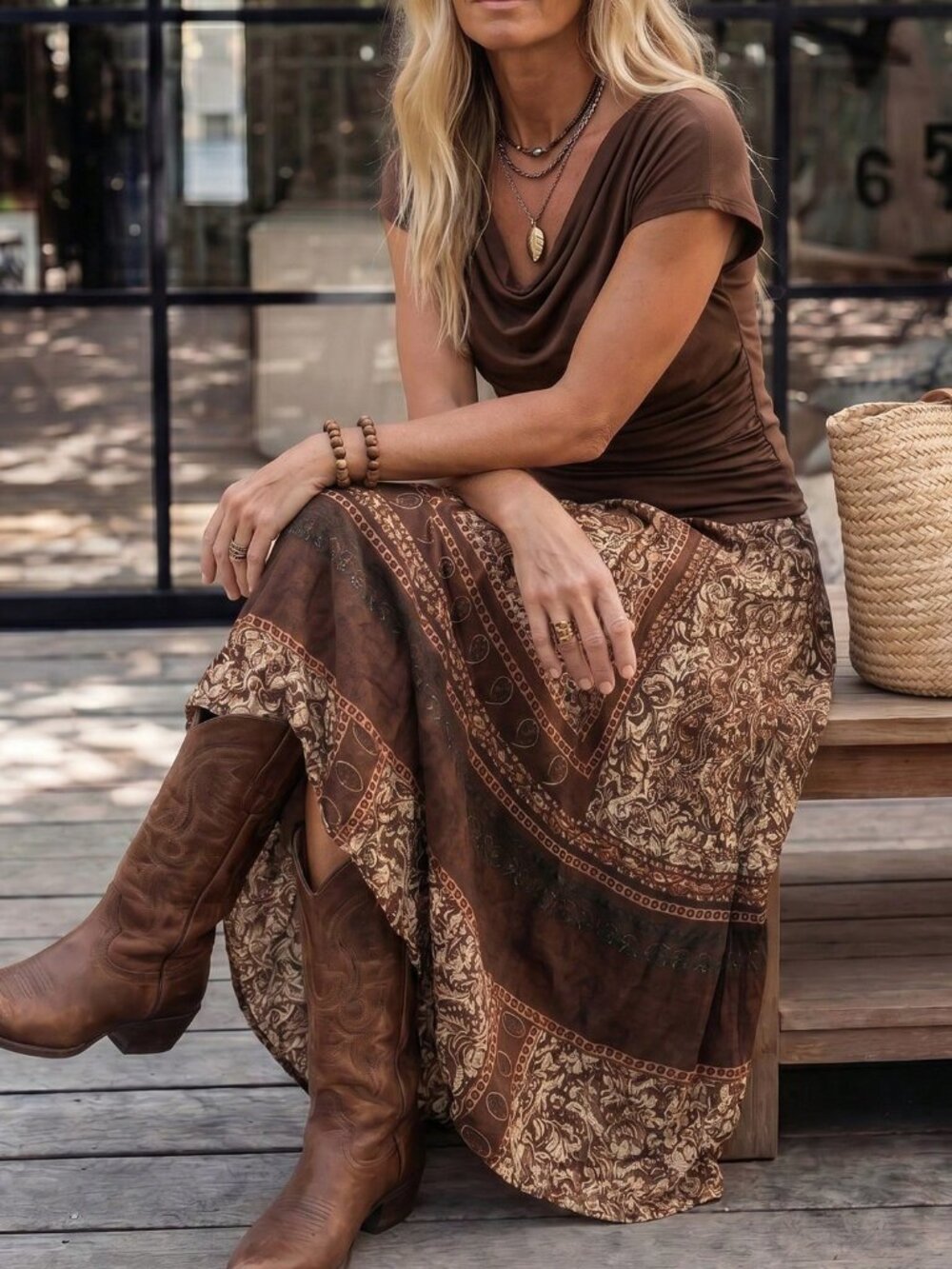 Brown Boho Casual Women's Frill V-Neck Batwing Short Sleeve Top & Skirt Set